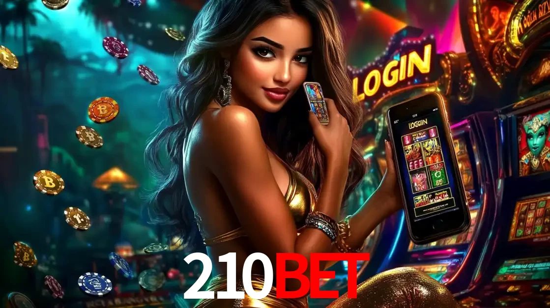 Mulher em um cenário de cassino temático de aventura, mostrando o app de caça-níqueis da 210bet no celular. Fichas de apostas flutuam ao redor.