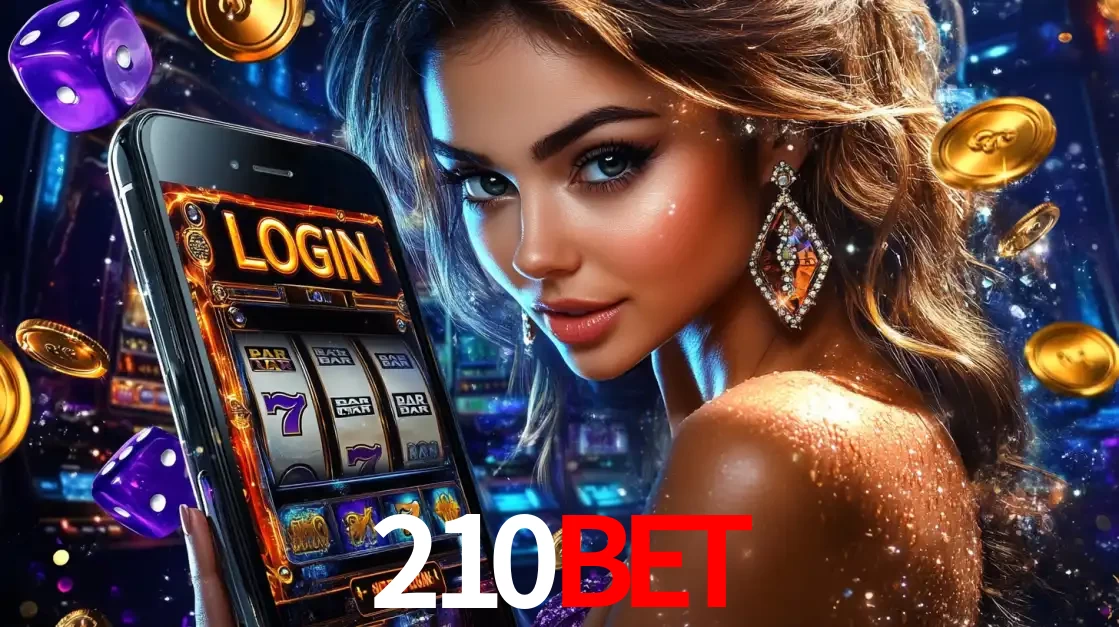 Mulher glamorosa segurando um smartphone com a tela de login para os jogos de caça-níqueis do cassino online 210bet, com moedas de ouro e dados ao redor.