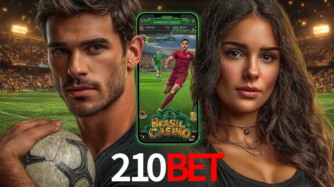Homem segurando uma bola de futebol e uma mulher ao lado de um smartphone exibindo o jogo de apostas esportivas da 210bet. Faça seu palpite no cassino online.